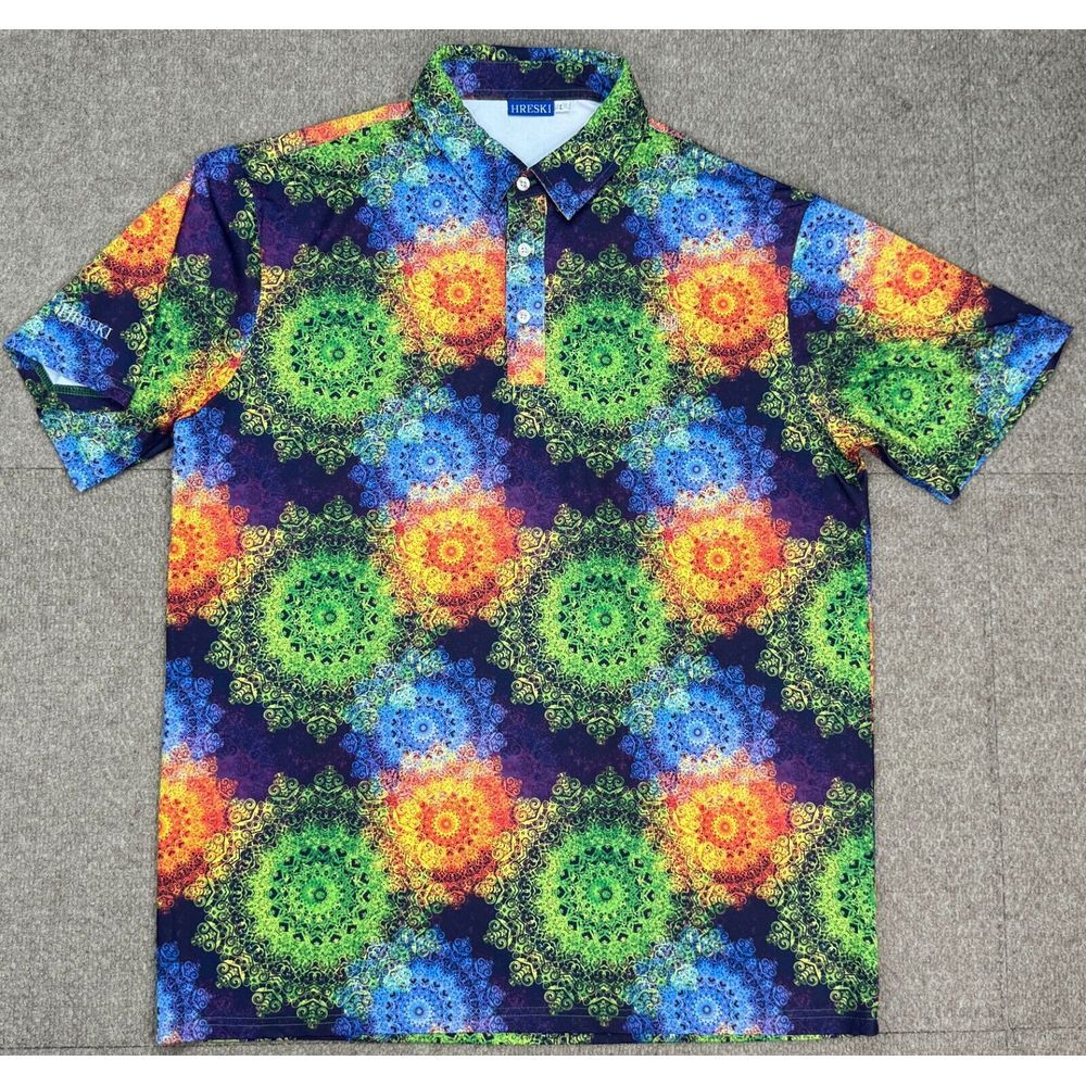 Hreski Men's Button Up Short Sleeve Multicolored Golf Polo Size Large